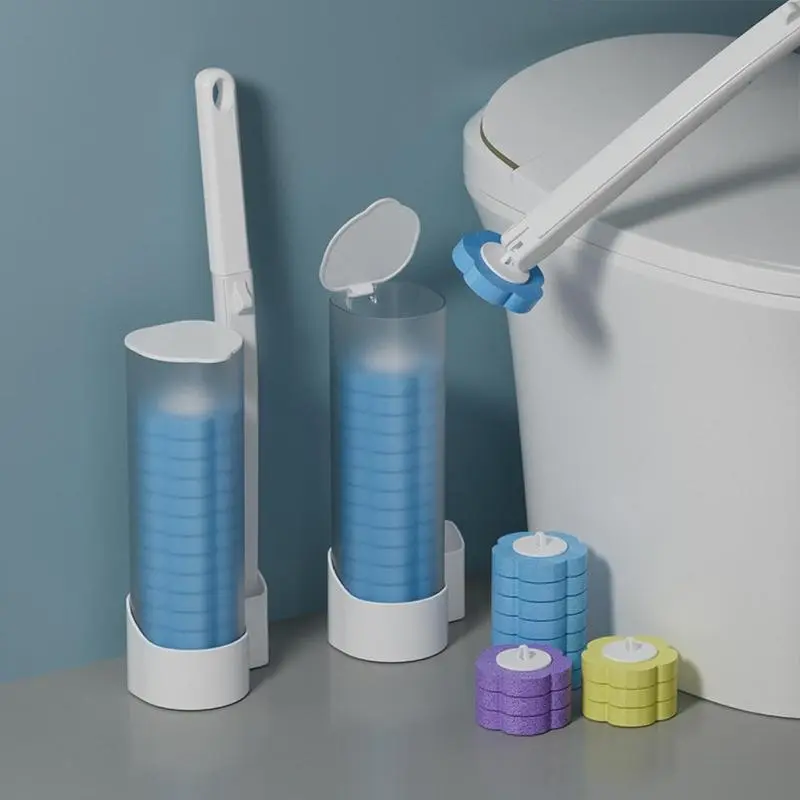 32PCS Disposable Toilet Bowl Cleaning Kit with  Cleaner Refills Toilet Bowl Wand Holder Set Bathroom Cleaning System for Sink Bathtub Drain Wash Basin Urinal Wall-Mount Scrubbing Toilet Brush storage caddy fragrance-free low-foaming