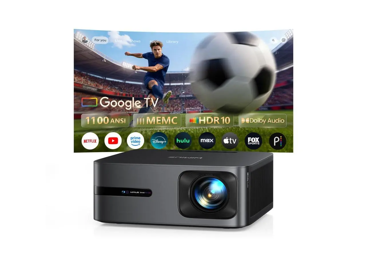 WiMiUS G2 Official Google TV 14.0 Projector, 4K Supported, Real 1100 ANSI, MEMC, HDR10, 30W Dolby Audio, Smart Auto Focus, WiFi 6 & Bluetooth Home Theater Projector for Outdoor Movies & Sports