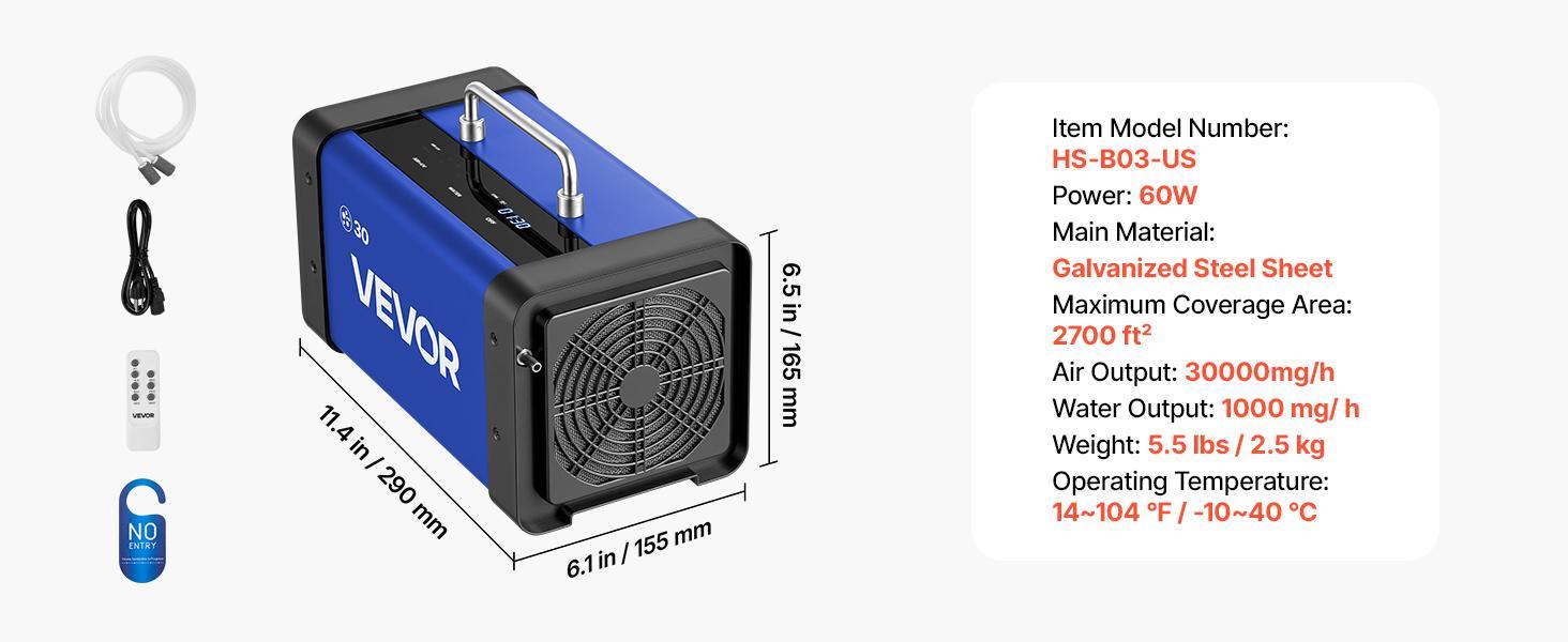 VEVOR Commercial Industrial Ozone Generator Ionizer (30000 mg/h) - Home Air Purifier with Remote Control, Dual Treatment System, 2 Hoses Water Mode, 15s Delayed Start, LCD Touchscreen Control Panel, Area-Based Selection, Foldable Handle (Up to 2700 sq.ft)
