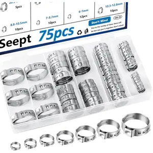 75Pcs 8 Sizes 304 Stainless Steel Single Ear Hose Clamps 6-23.5mm Crimp Hose Clamps Assortment Kit Perfect for Automotive/Home Appliance/Water Pipe and Fuel Line Stepless hose clamp