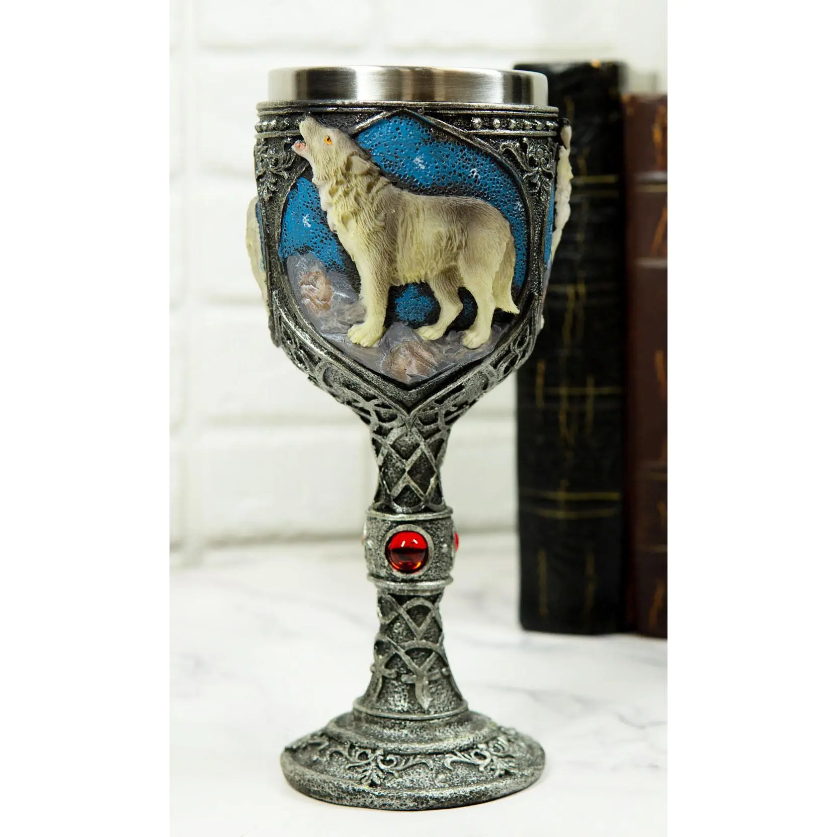 Ebros Howling Gray Wolf In Starry Night Wine Goblet With Celtic Knotwork 7oz