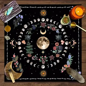 Ramadan Decorations Moon & Flower Pattern Tablecloth for Home Decor, Picnic Table Cover, 1 Count Eid Mubarak Decor Square Tarot Tablecloths, Kitchen Accessories Card Pad, Dressers Desktop Decorations, Moon Phases, Floral Designs