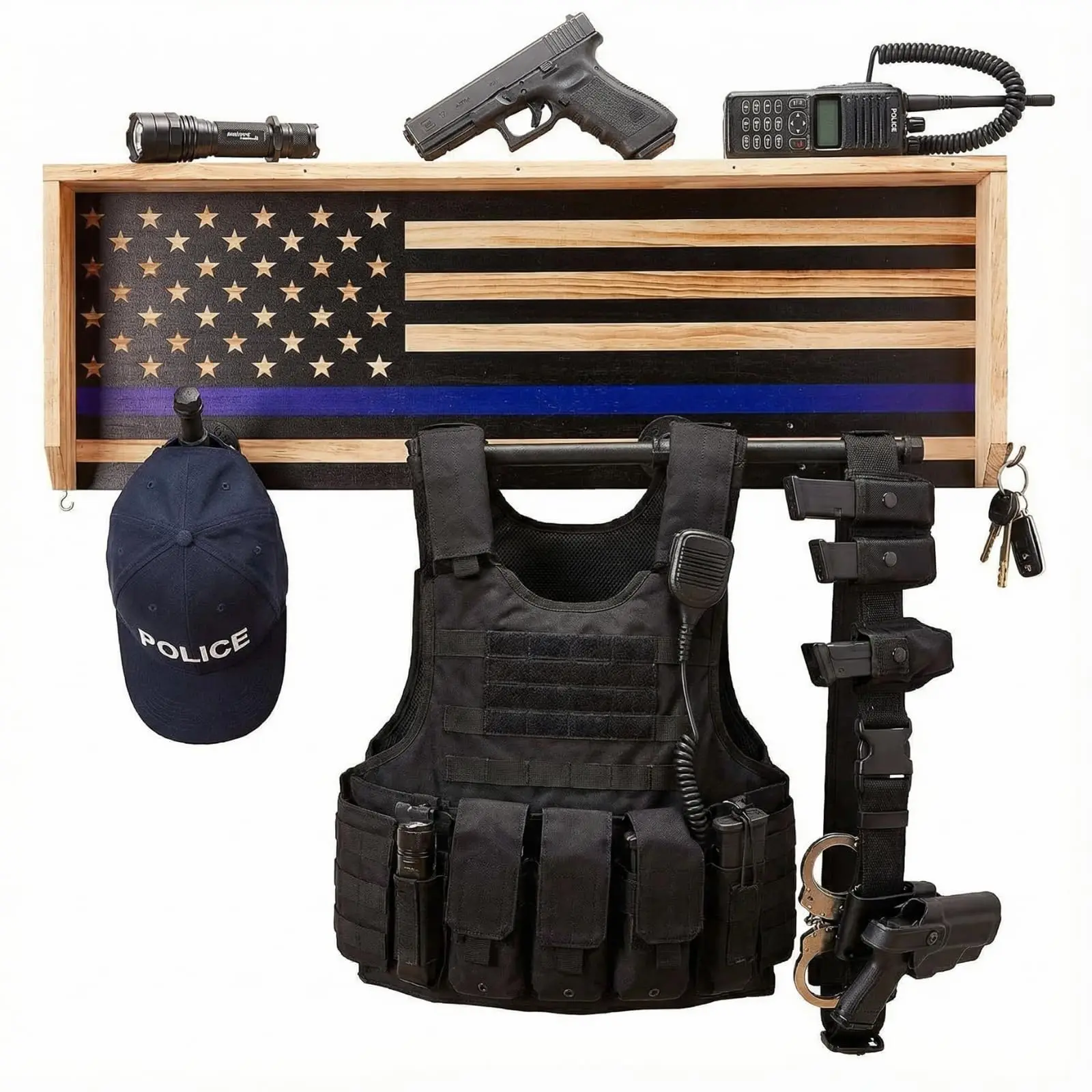 Police Wall Mounted Tactical Duty Gear Rack with Blue American Flag