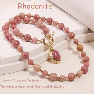 Women accessories Bohemian Natural Rhodochrosite Beaded Necklace with Simple OT Clasp, Inlaid Pendant, Stylish Minimalist Luxury, Confident & Charismatic, Perfect for Daily Wear & Gifting