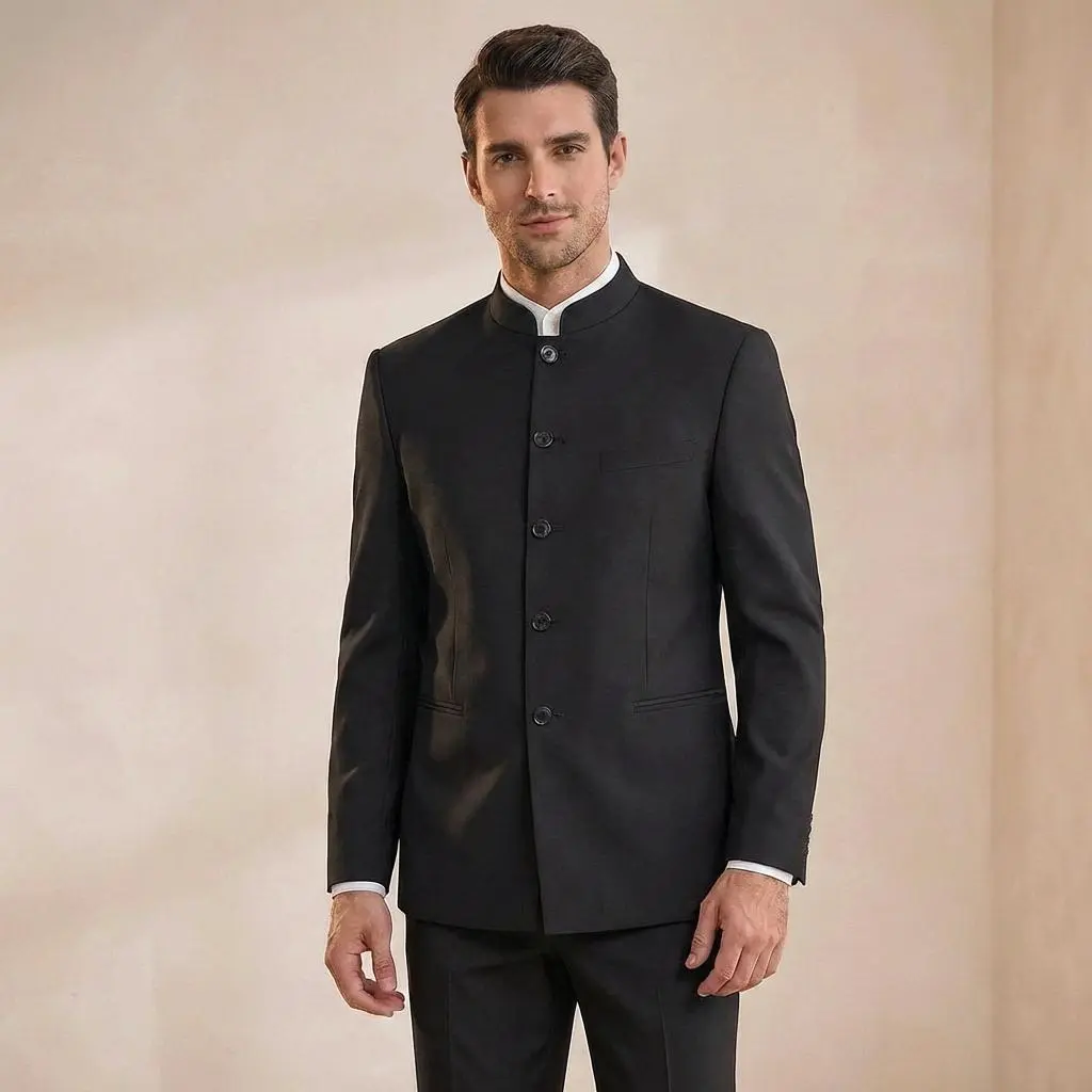 Men's 2-Piece Chinese Suit - Stand Collar, Slim Fit, Front Button Suit Coat & Pant Set, Formal Longsleeves Menswear, Gentleman Style Men's Outfit Set, Suit Coats