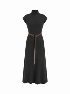 Knit High Neck Sleeve A-line Maxi Dress With Belt