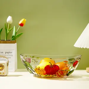 Large Oval Glass Murano-Style Bowl, Pumpkin relief pattern 13.5" x 8.25" x 5", Handpainted, Large Decorative Bowl for Aesthetic Home decorative Accents, Large Fruit Bowl