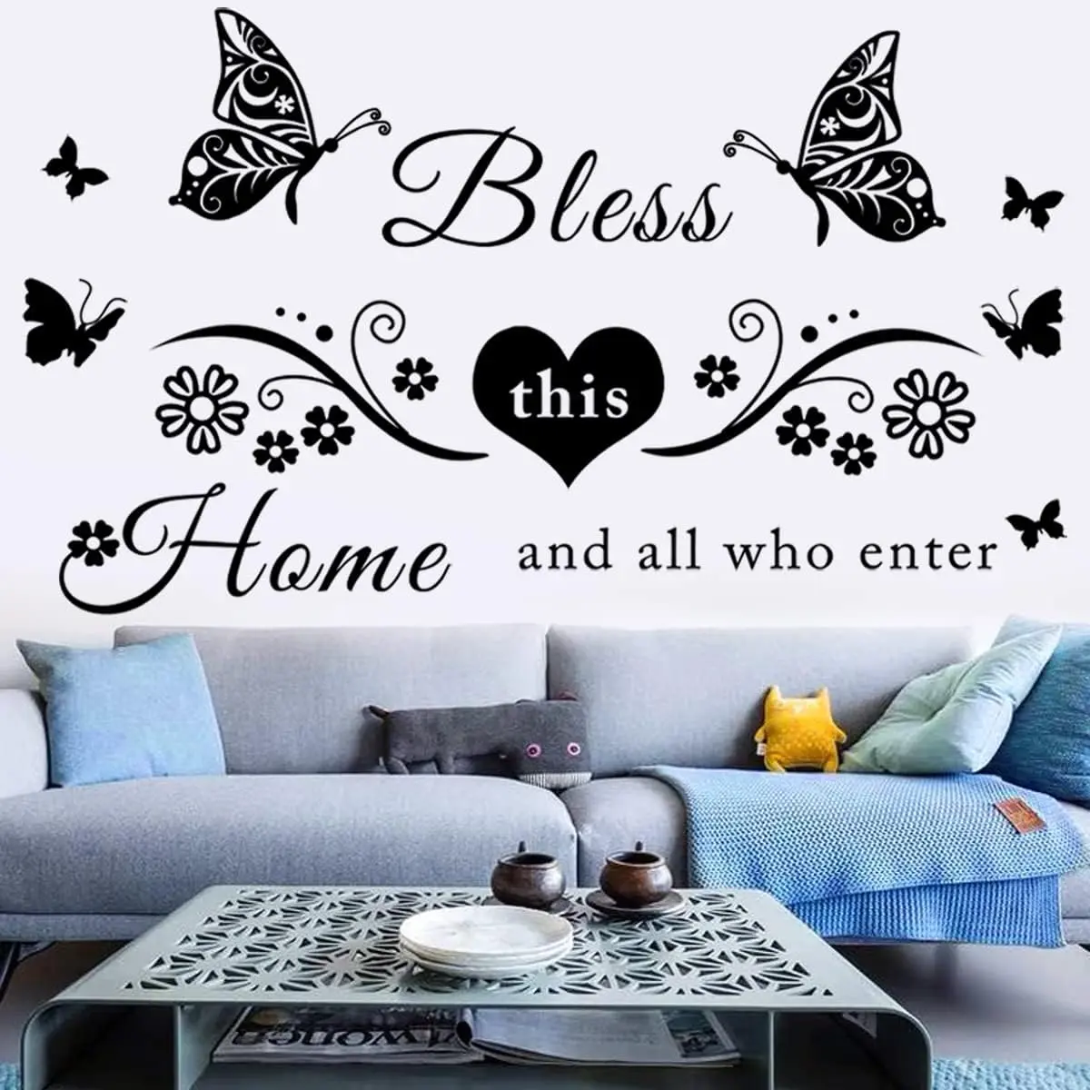 Vinyl Wall Stickers Quotes Art Decal Sticker Bless This  and  Who Enter Wall   Butterfly Wall Decor Sticker for Entryway Living Room  Decor