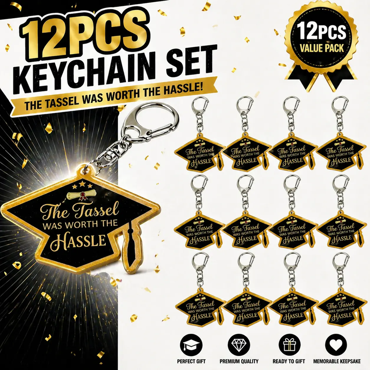 12Pcs 2026 Graduation Acrylic Charm Keychains - Metal Clasp, Scratch-Proof Quote Motif Grad Cap Design, Graduation Gifts for College Students, Keychains for Women