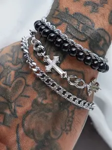 4 Piece Hip Hop Trendy Cross Beaded Stainless Steel Chain Bracelets High Quality Bracelet Simple Street Style Unisex Party Stackable Bracelet Set