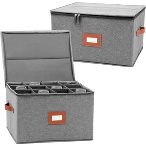 Stemware Storage Containers 2 Pack,  Glass Storage Box with Dividers for Glassware or Champagne Flutes, Protects Fine , Hard Top, Sides and Stackable (Grey)