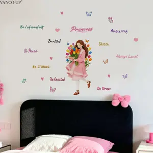 2Pcs/Set Pink Dress Girl Inspirational Quotes Wall Stickers Decoration Sticker 30×90cm Girly Tulip & Butterfly Decor Self-Adhesive Stickers for Living Room Bedroom