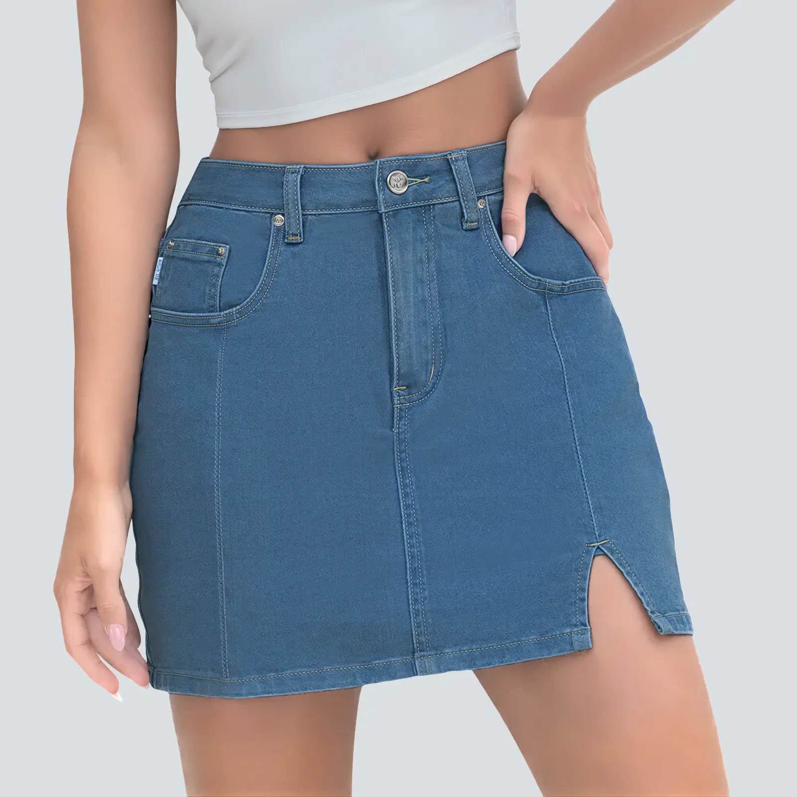 FireSwan Women's High-Waisted Fitted Polyester Denim Skirt with Pockets - Elegant, Chic Sweet, Above-Knee, Machine Washable Skirt for Casual Wear, Essential Basic Womenswear Bottom,summerwins summerwins