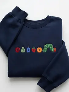 Embroidered Hungry Caterpillar Quarter Zip Sweatshirt, Cute Fruit Worm Pullover, Cozy Kids Book Lover Gift