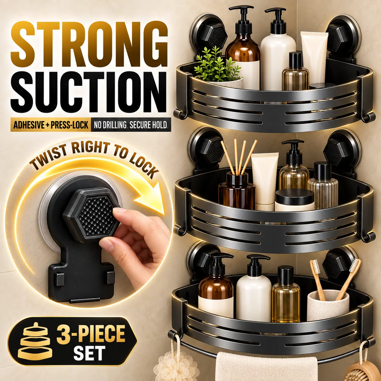Bathroom Accessory Set, 3-Pack Modern Adhesive-Backed Press-Lock Suction Cup Shower Organizer - No-Drill Rustproof Metal Corner Shelves with Hooks, Removable Razor Holder for Tile, Glass, Dorms
