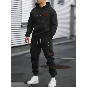 Men's spring and autumn thin hoodie and sweatpants set with Paris letter print pattern, stylish casual men's clothing with pockets, street sports elastic waist drawstring long pants two-piece set, suitable as a gift for husband or boyfriend