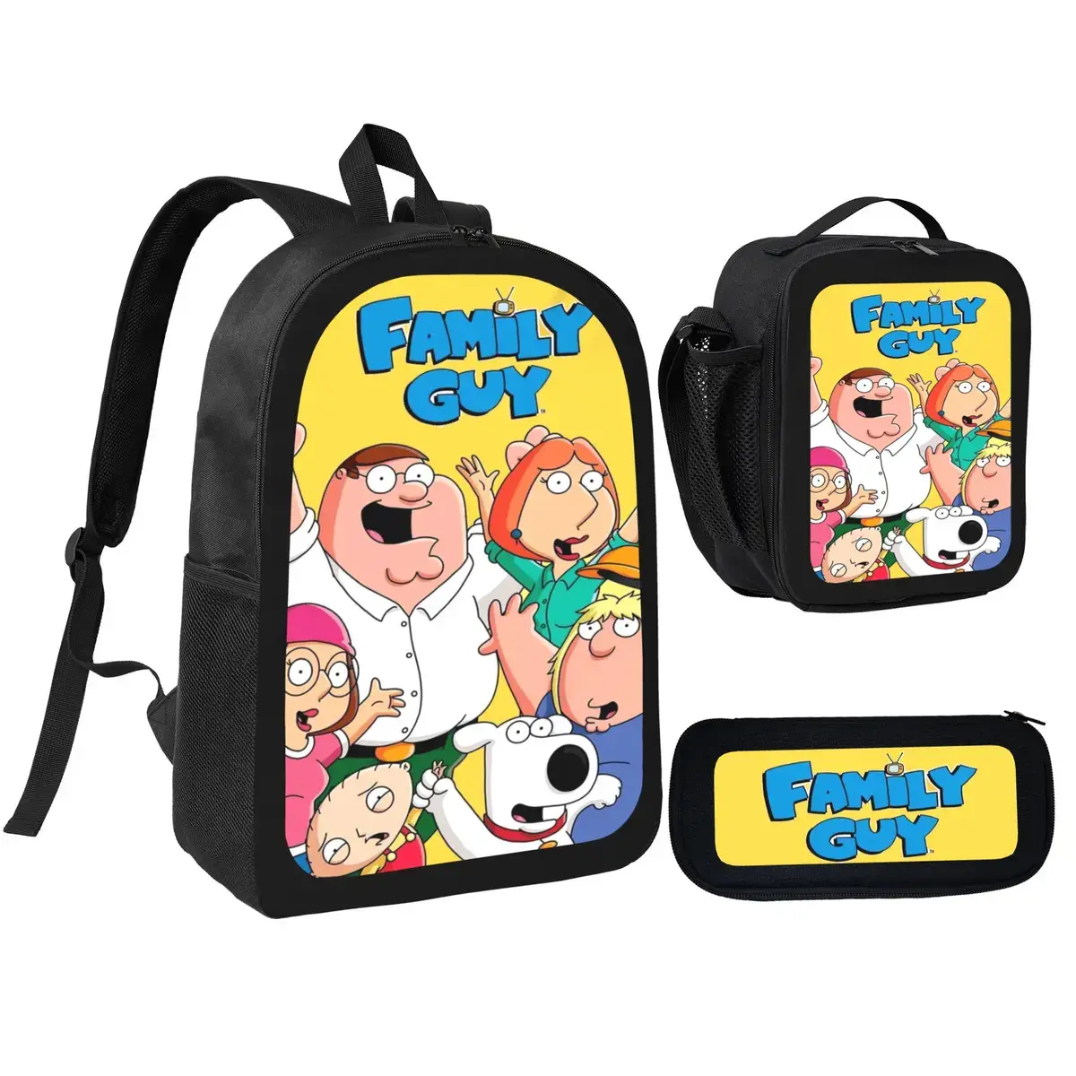 Family Guy Cartoon Theme Backpack 3-Piece Set includes a backpack, pencil case, and lunch bag. Made of 600D Oxford cloth, it's durable and a must-have for boys and girls on outings.