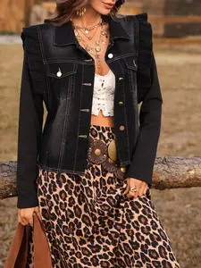Women's Western Style Denim Jacket, Ruffled Colorblock Long Sleeve, Frayed Hem Casual Outerwear, Trendy Cowgirl Coat for Everyday Wear