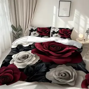Luxury Rose Bedding Set, 1 Fitted Sheet + 2 Pillowcases, All-Season Bedroom Decor, Home and Dormitory Decoration