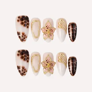 [BUY 2 GET 1 FREE] Tortoise Shell Press On Nails, Nude and Brown with 3D Pink Flowers and Gold Accents, Elegant Fall Nail Art Set