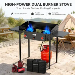 [SummerVibes] BESTFIRE 150000 BTU 2-Burner Propane gas Stove with Windpanel, Auto Ignition, Removable Legs & Side Shelves, Bag – for Camping, BBQ, Home Brew, Turkey Fry outdoor barbecue