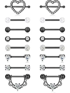 Stylish 8 Pairs Black All-in-one Body Piercing Assortment for Women Men Unisex Black Punk Ornaments Premium 316 Surgical Steel Sweet Heart Pendants Sparkling Zirconia Versatile Barbells Decorative Shield Ring Accessories Body Piercings