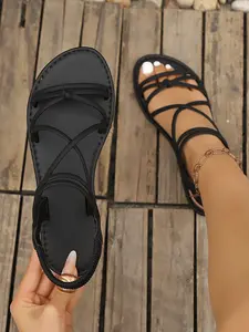 Women's Summer Fashion Comfortable Elegant Retro Roman Sandals, Cross Strap Knot Open Toe Flat Shoes, Casual Outdoor Beachwear, Rubber