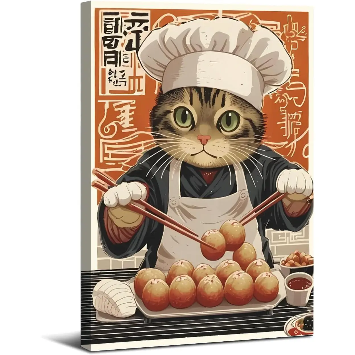 Vintage Japanese Cat Wall Art Japanese Cat Eating Meatball Poster Funny Black Cat Canvas Wall Art Kitchen Dining Room Wall Decor Kids Teens Room Boys Girls Bedroom Decoration 12x16inch Framed