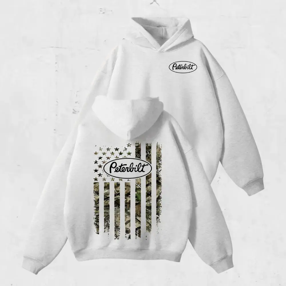 Peterbilt Trucks Camo Hoodie – Vintage Peterbilt USA Flag Graphic Tee, Classic American Truck Streetwear for Men & Women, Perfect Gift for Pickup & Country Fans, Car Hoodie