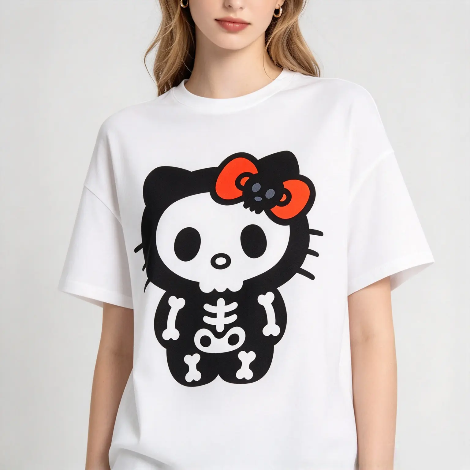Hello Kitty Skeleton Halloween Short Sleeve T-Shirt, Cute Sanrio Skull Bow Graphic Tee for Halloween Party