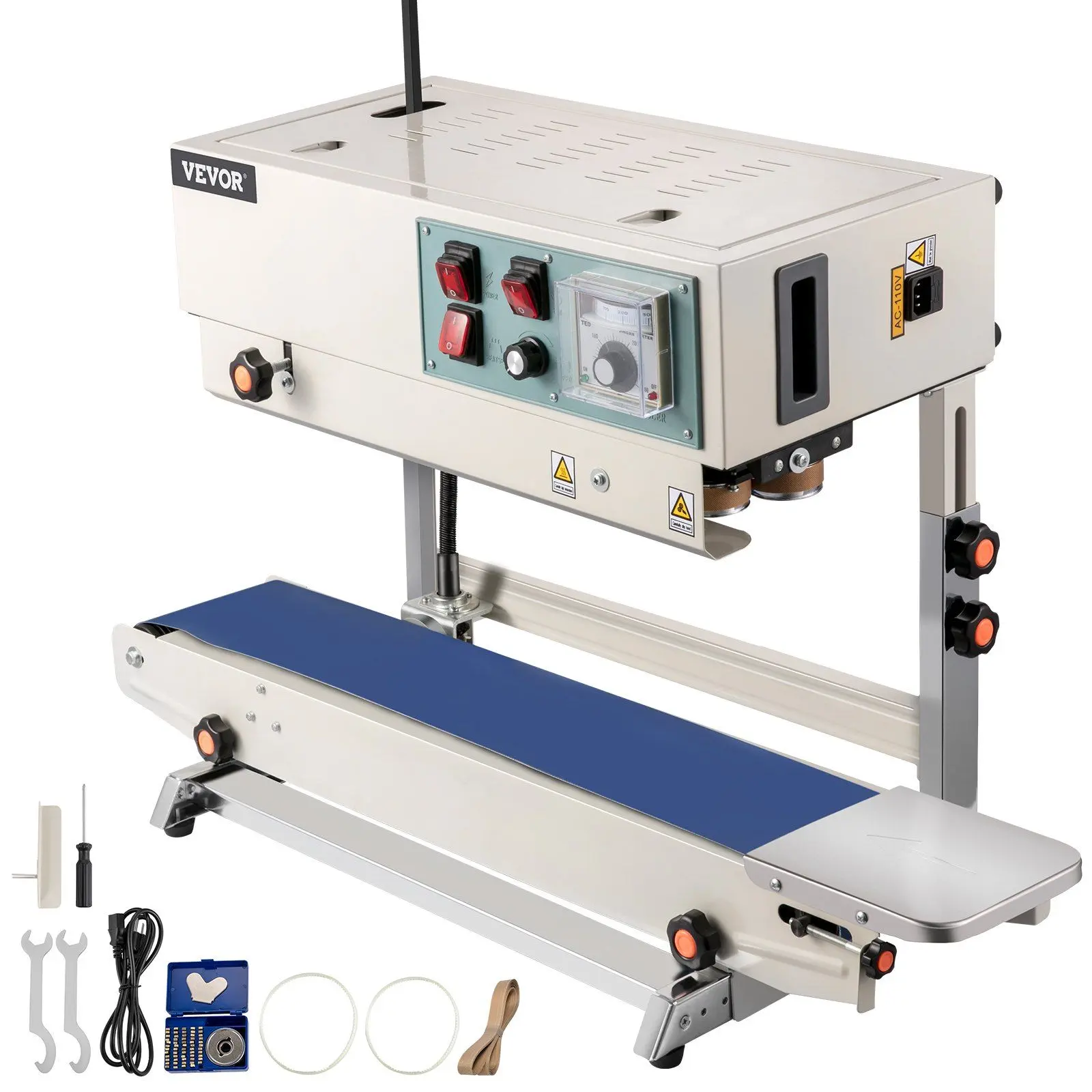 VEVOR Continuous Band Sealer, 0.24-0.6 in/6-15 mm Seal Width, FR900 110V/60Hz Horizontal Sealing Machine, Band Heat Sealer with Digital Temperature Control for PVC Membrane Bag Film, Pure Copper, 20 Strips Of Teflon Belts