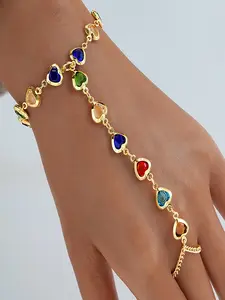 Women's Gold Vintage-Inspired Finger Chain Bracelet, Stackable Bracelets, Stacking Jewelry, Dainty Minimalist Design with Artificial Glass Gems, Accessory for Daily Wear, Gatherings, Parties & Banquets, Ideal Birthday/Festival/Anniversary Gift for Her