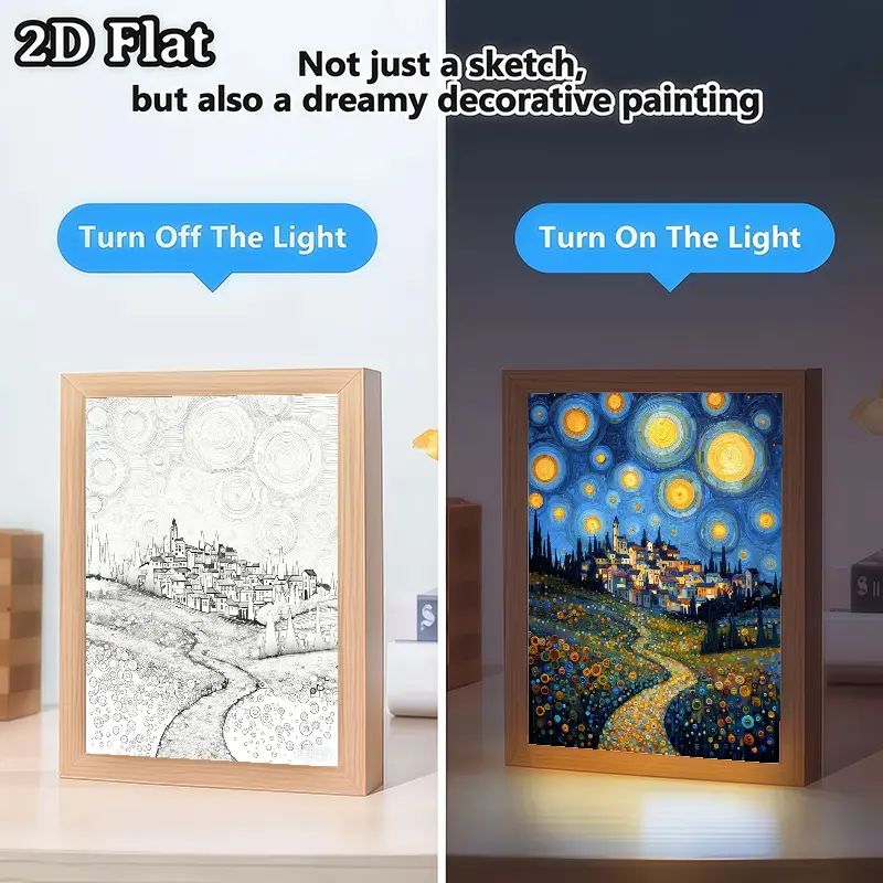 Van Gogh-Inspired Starry Night Rectangular Desk Lamp - USB-Powered LED Light, Polished Wood Frame, Adjustable, Ambient Glow, Minimalist Home Decor, Bedroom Decoration, Ideal Gift for Christmas/Birthday