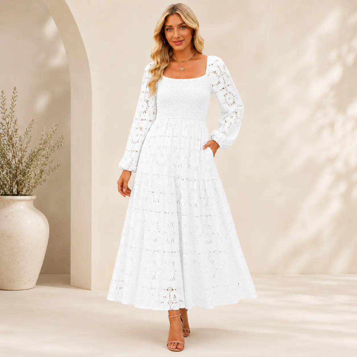 Women's Bohemian Elegant Eyelet Lace Drape Maxi Dress - Square Neck Long Puff Sleeve, Ruched Bust, Smocked Waist, Ruched Tiered A-Line with Pockets, All Seasons Party Wear (Do Not Dry Clean)