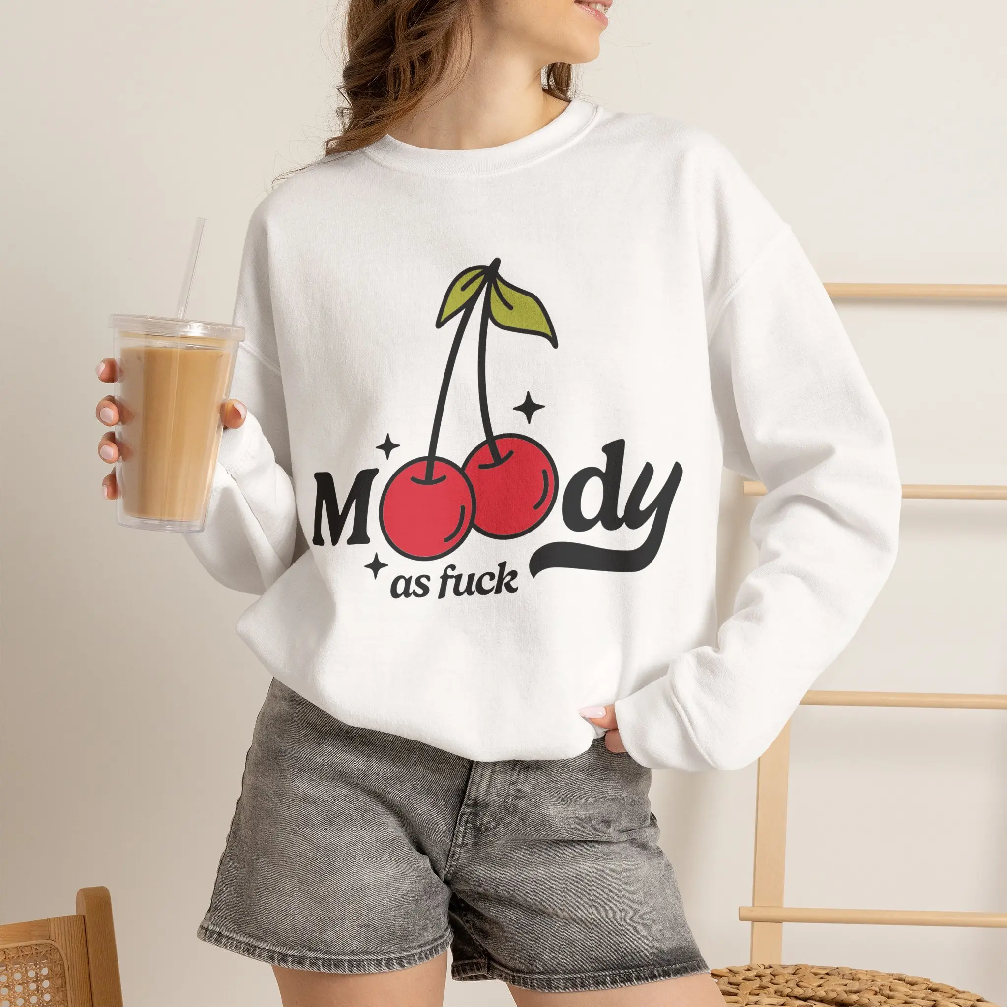Unisex Moody Cherry Print Ribbed Round Neck Long Sleeve Fleece Sweatshirt - Embroidered Sassy Slogan, Oversized Plush Men's Sweatshirts, All Seasons Casual Cotton Slip-On Pullover, Cold Wash, Do Not Dry Clean