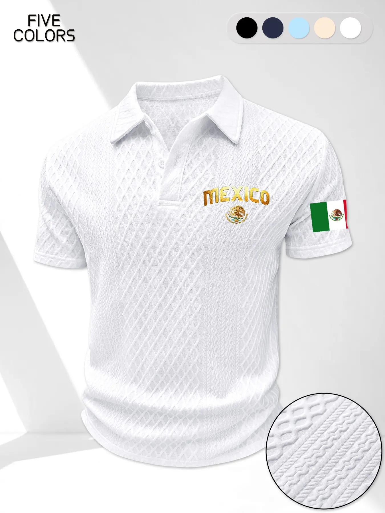 Men's New Mexico Theme Cultural Graphic Print Polo Shirt, Golden Mexico Emblem, Lapel Front Button Jacquard Fabric, Casual Fashion T-Shirt