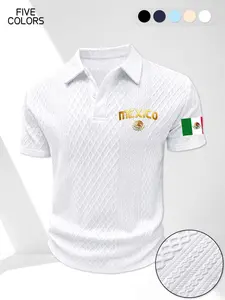 Men's New Mexico Theme Print Polo Shirt, Golden Mexico Emblem, Lapel Front Button Jacquard Fabric, Casual Fashion T-Shirt