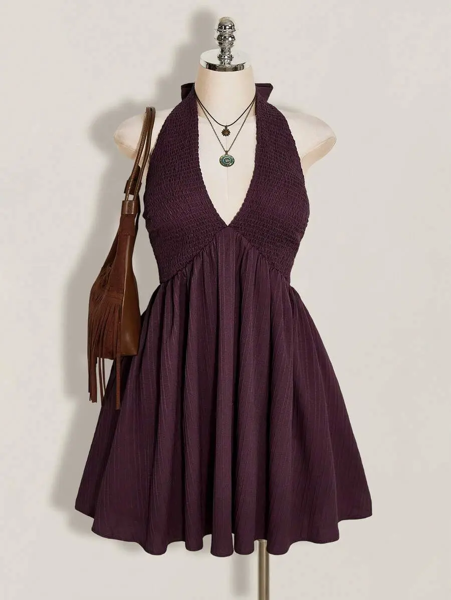 GADGEET Plus Size Halter Dark Purple Woven Cinched Waist A-Line Backless Dress, Suitable For Summer, Vacation, Daily Wear, Y2K Elegant Traditional Eleganza