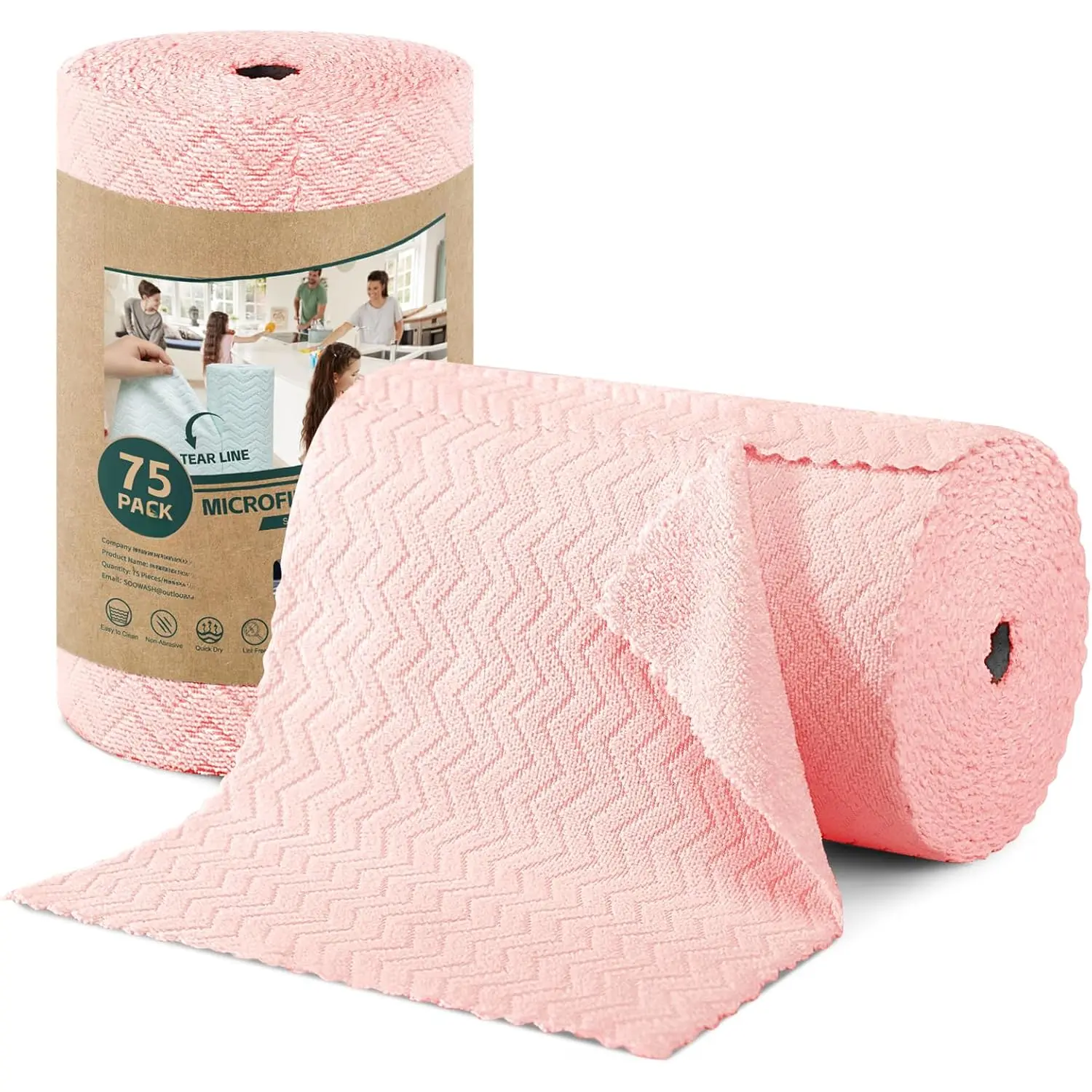 Microfiber Cleaning Cloths Roll, 75 Pack  Away Microfiber Towels Roll, 12" x 12" Lint Free Rags,  Cleaning Cloths, Washable, Scratch Free,Ultra Absorbent Dish Rags(Pink Ripple)