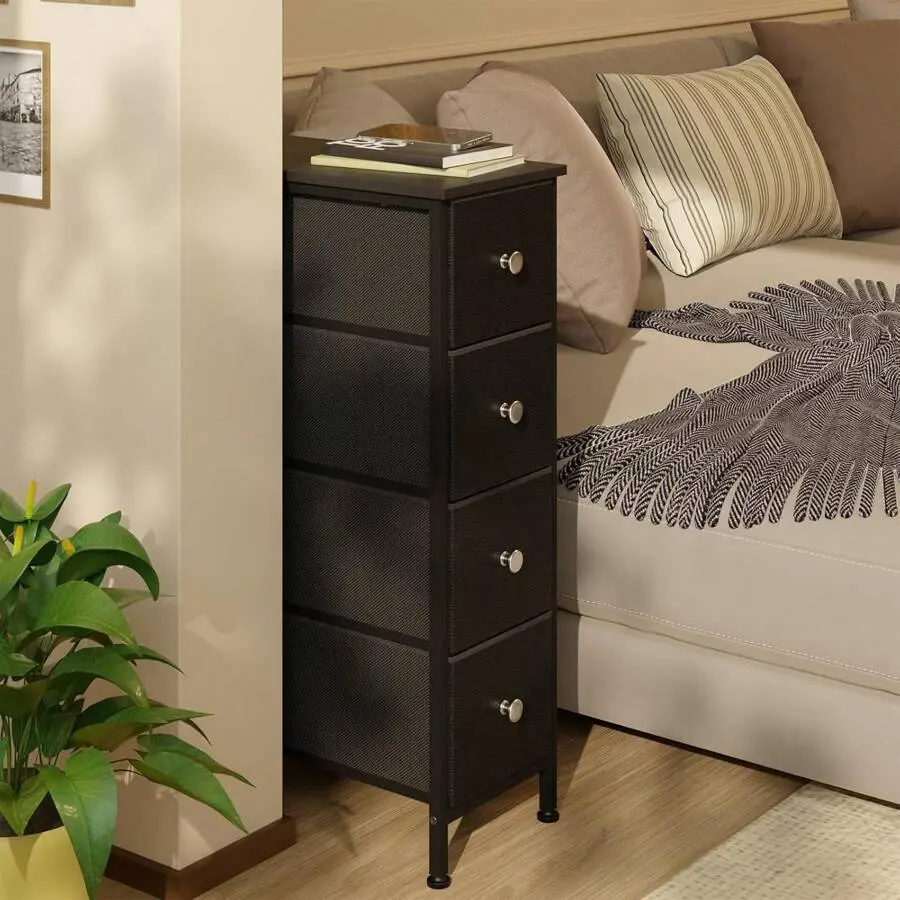 Superlele Narrow 5-Drawer Fabric Dresser - Slim Minimalist Drawer Tower, Black Steel Frame with Legs, Wood Top Home Storage Cabinet, Furniture Storage for Small Spaces (Bedroom, Bathroom), Dresser Organization Unit, Requires Assembly