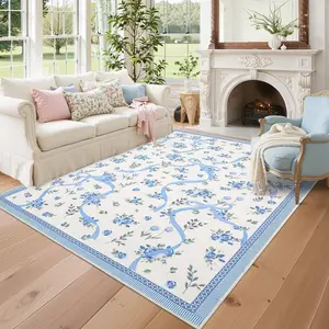 GARVEE - Floral rugs with bow for bedroom and girls, 8 x 10 inches, for living room with soft low pile, non-slip, blue color, washable, 8 x 10 inches, for nursery, bedroom