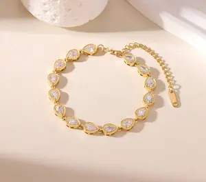 Pear cut diamond bracelet gold 16k gold plated stainless steel elegant tennis bracelet for women minimalist wrist jewelry for weddings parties anniversaries stackable bracelet classic teardrop stone bracelet gift for her