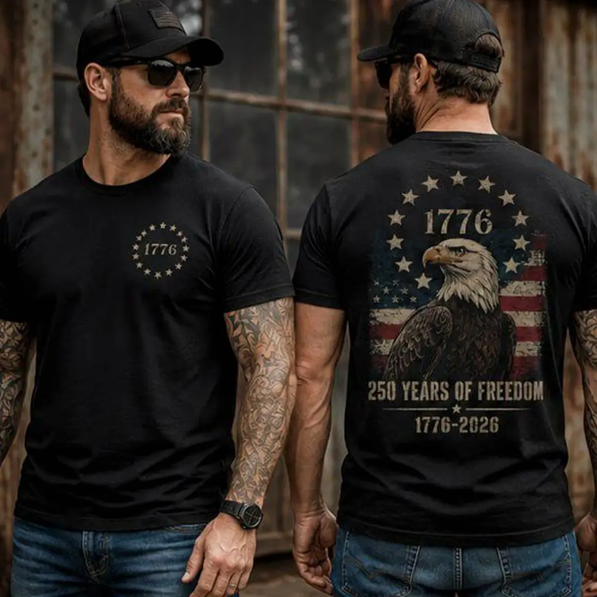 Unisex America 250 Classic Soft Cotton-Spandex Sport T-Shirt, 1776-2026 Eagle Printed Image Patriotic Top (Front & Back), 4th of July Casual Menswear, Round Neck Short-Sleeve, Digital Print, Flag Graphic, Classic Fit, High Stretch, XXL, Ju10, Eagle Graphi