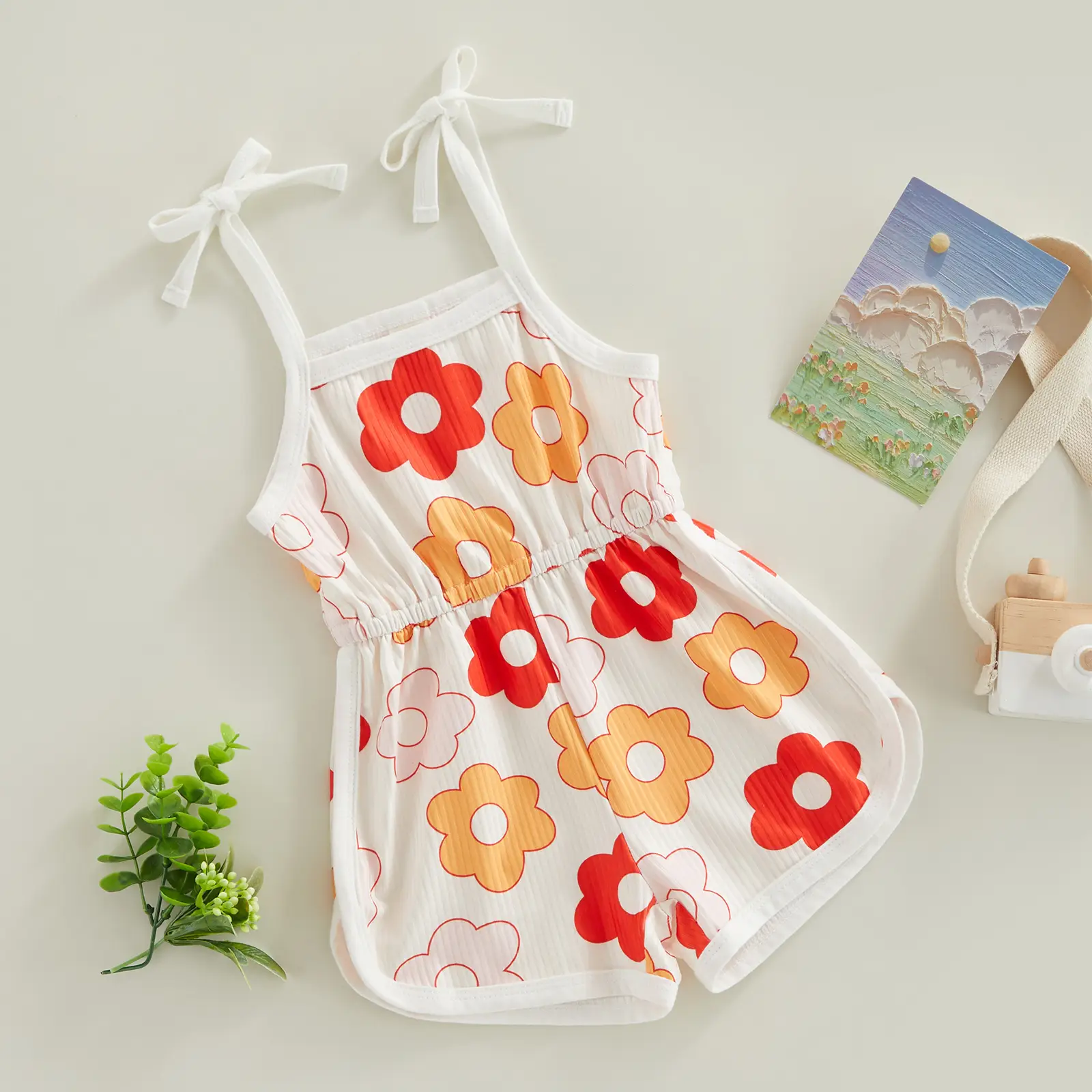 Toddler Baby Girl Summer Jumpsuit, Cartoon Flower Print Sleeveless Sling Tie-Up Shorts Romper