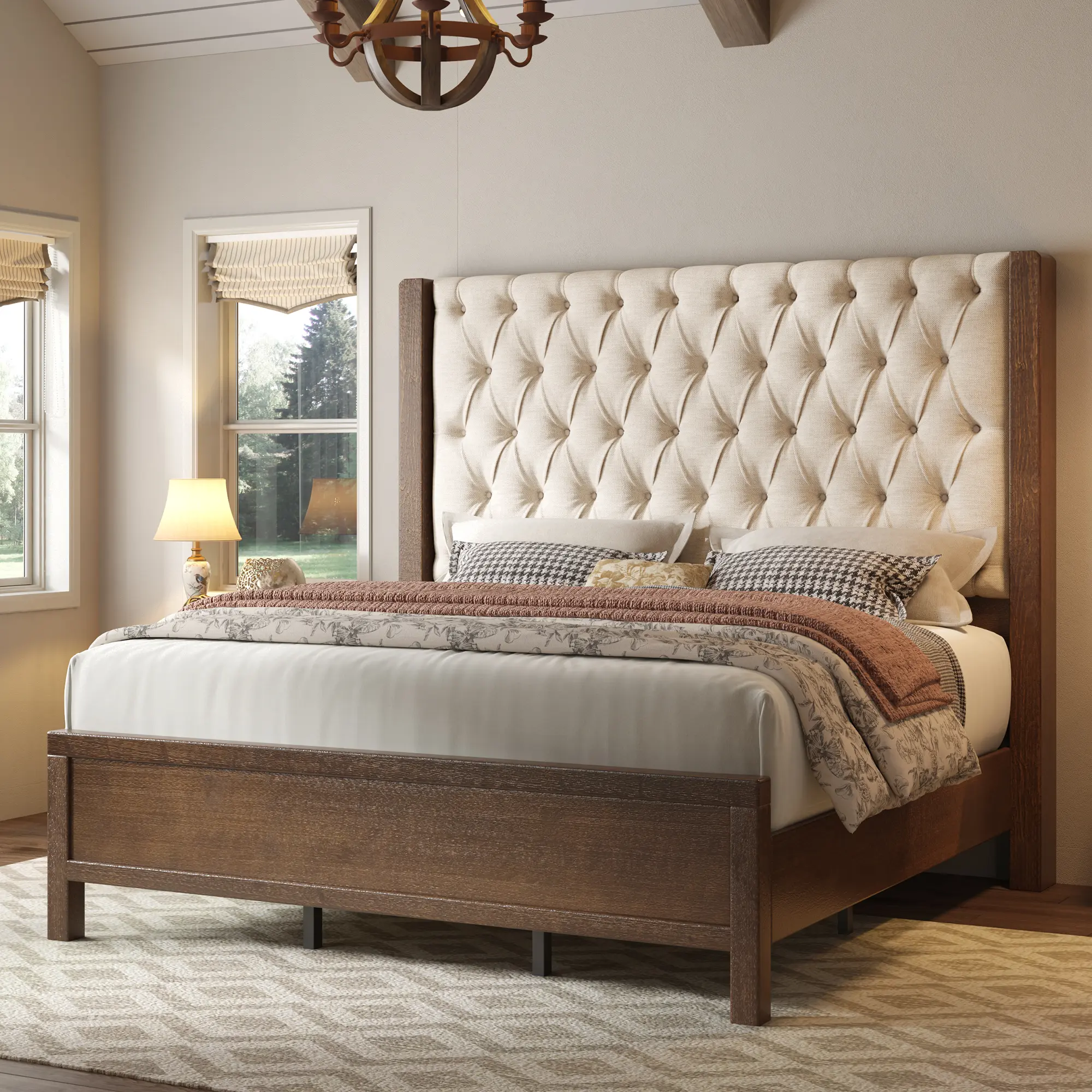 [Summerwins] [SummerFinds] AMERLIFE Solid Wood Bed Frame, 57" Tall Farmhouse Platform Beds, Upholstered Line Wingback Headboard, Deep Button Tufted, No Box Spring Needed, Easy Assembly