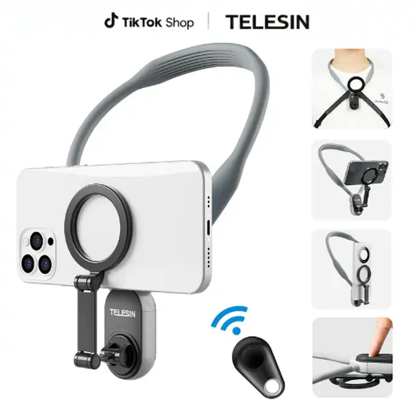 TELESIN Magnetic Neck Mount for Phones, Silicone Steel Metal Holder with Plug,POV/Vlog Selfie Mount Hand Free Phone Neck Holder Chest Stand Strap Video Recording for iPhone 17 16 15 14 13 12 Seires Android Smartphones