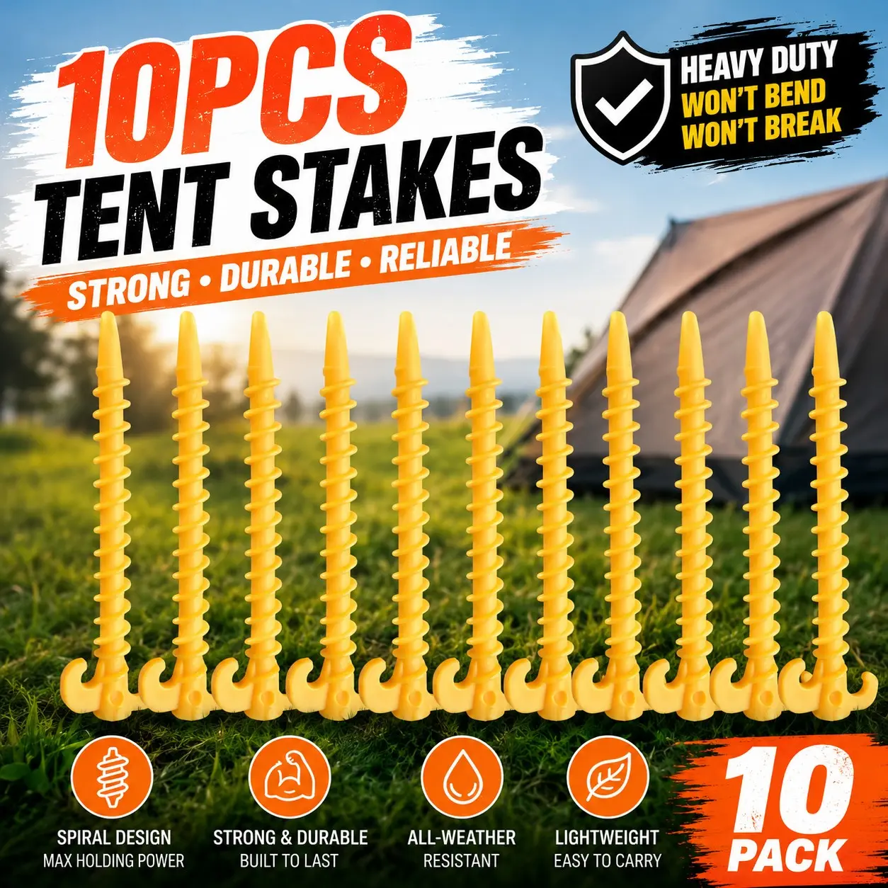 10-Pack Heavy-Duty Spiral Plastic Tent Pegs, 7.5-Inch Beach Camping Ground Anchors, Garden Inflatable Gear Stakes, Durable Outdoor Fixtures Weather, Camping Equipment