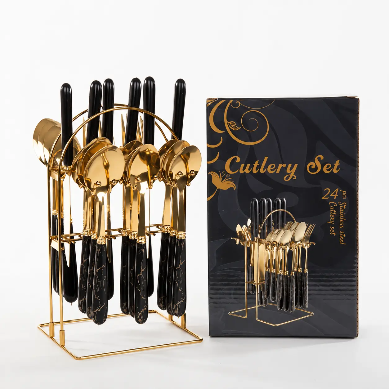 24 Pcs Gold Flatware Set with Storage Rack, Marble Pattern Handle Stainless Steel Cutlery Set Service for 6, Knives Forks Spoons Hanging Silverware for Wedding Party Daily Use