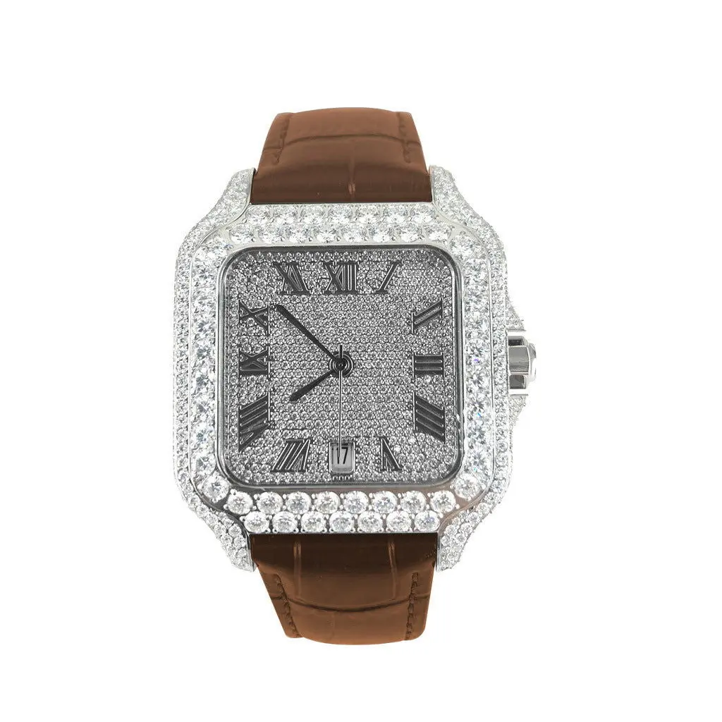 Moissanite Brown Croco Leather Band Watch Mens
