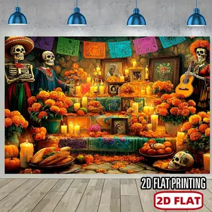 Dia de los Muertos 2D Flat Backdrop - Sugar Skulls Marigolds Papel Picado - Vibrant Colors - Party Decorations Banners Ornaments